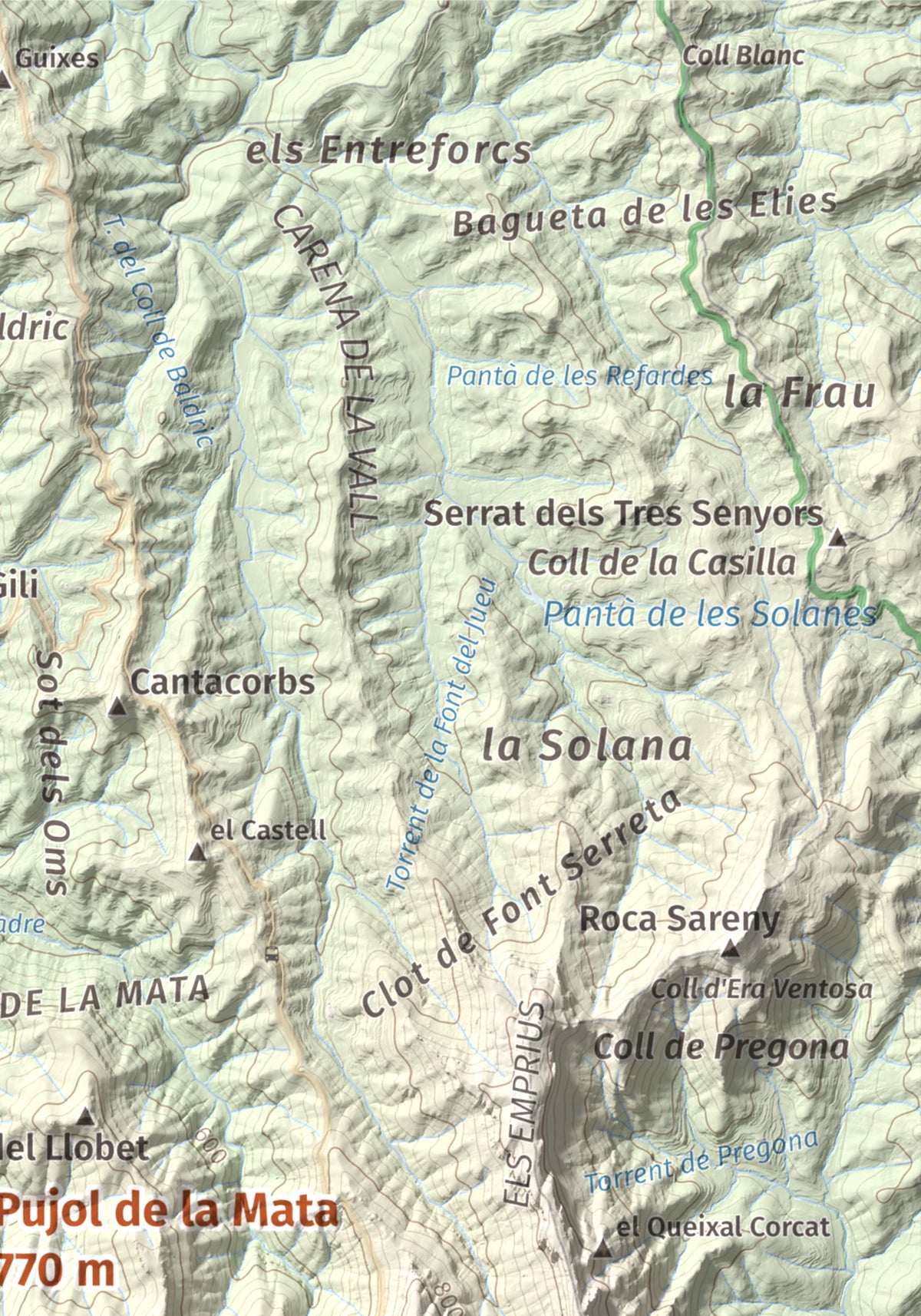Mapa de relieve de Pujol de la Mata, 770 m, Bages, lámina 100 Cims de Trobart. Detalle de la zona superior derecha. 21 × 30 cm.