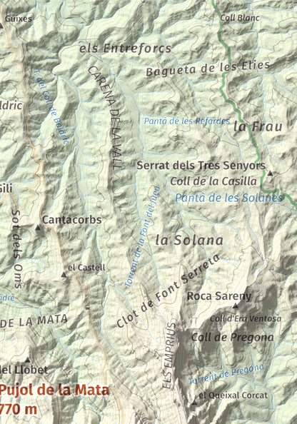 Mapa de relieve de Pujol de la Mata, 770 m, Bages, lámina 100 Cims de Trobart. Detalle de la zona superior derecha. 21 × 30 cm.