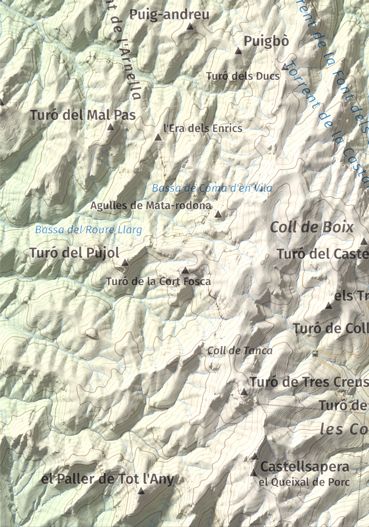 Mapa de relieve de Pujol de la Mata, 770 m, Bages, lámina 100 Cims de Trobart. Detalle de la zona inferior izquierda. 21 × 30 cm.