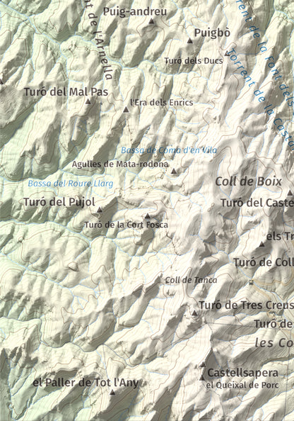 Mapa de relieve de Pujol de la Mata, 770 m, Bages, lámina 100 Cims de Trobart. Detalle de la zona inferior izquierda. 21 × 30 cm.