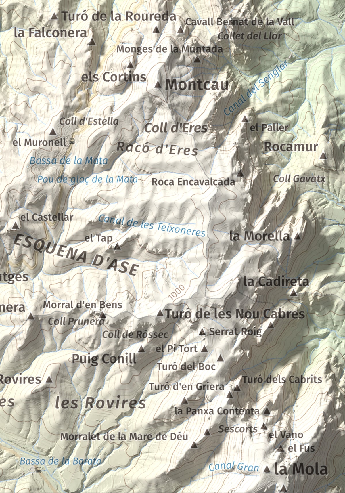Mapa de relieve de Pujol de la Mata, 770 m, Bages, lámina 100 Cims de Trobart. Detalle de la zona inferior derecha. 21 × 30 cm.