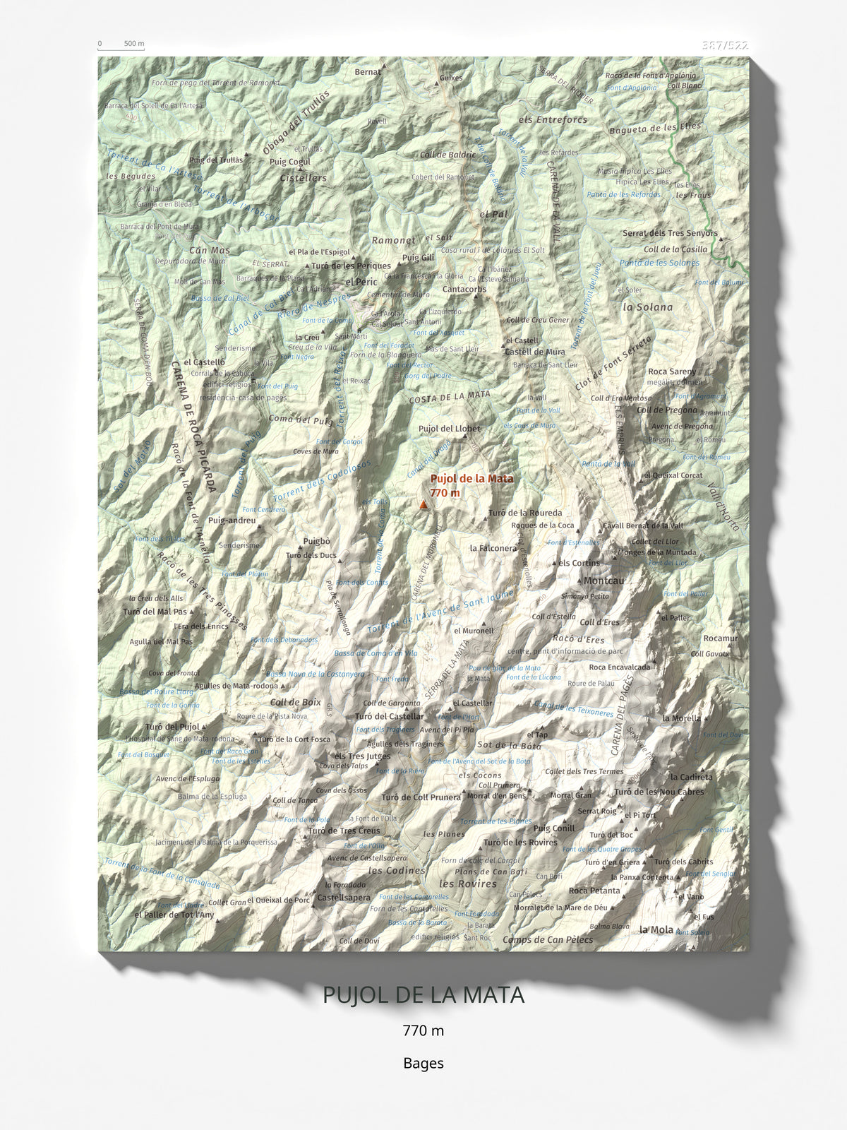 Mapa de relieve de Pujol de la Mata, 770 m, Bages, lámina 100 Cims de Trobart 30 × 40 cm.