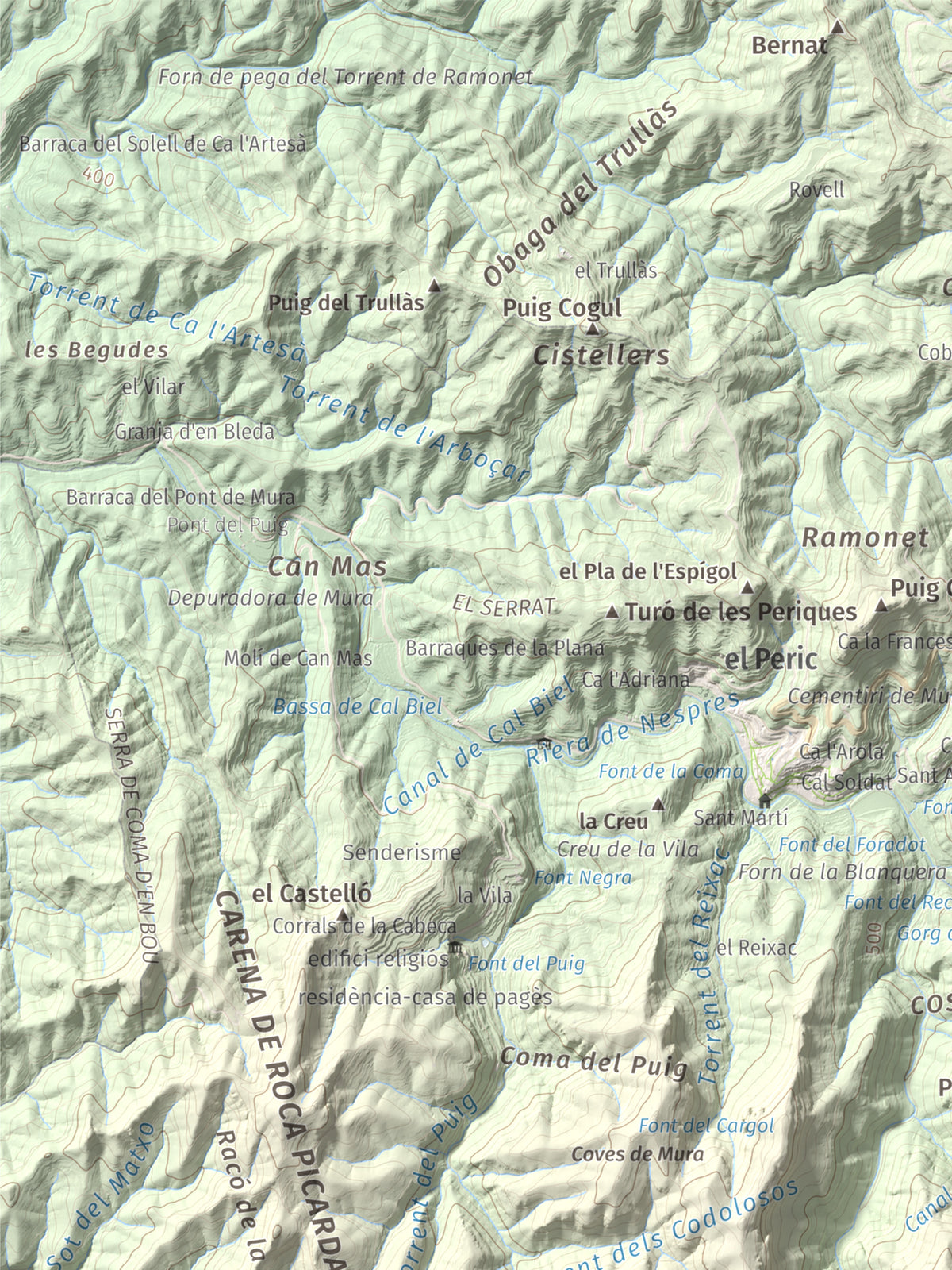 Mapa de relieve de Pujol de la Mata, 770 m, Bages, lámina 100 Cims de Trobart. Detalle de la zona superior izquierda. 30 × 40 cm.