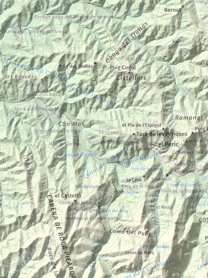 Mapa de relieve de Pujol de la Mata, 770 m, Bages, lámina 100 Cims de Trobart. Detalle de la zona superior izquierda. 30 × 40 cm.