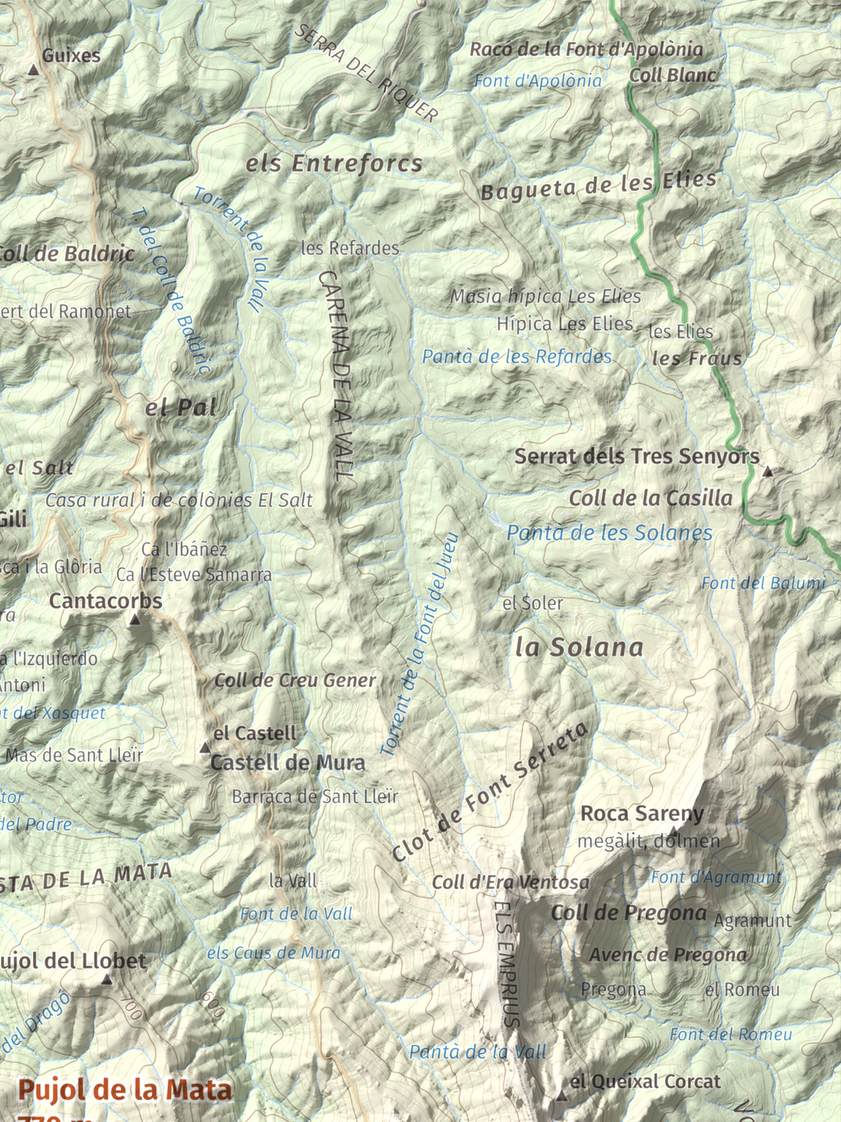 Mapa de relieve de Pujol de la Mata, 770 m, Bages, lámina 100 Cims de Trobart. Detalle de la zona superior derecha. 30 × 40 cm.