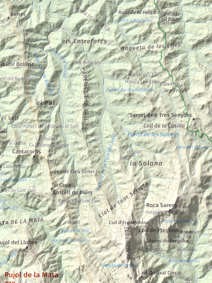 Mapa de relieve de Pujol de la Mata, 770 m, Bages, lámina 100 Cims de Trobart. Detalle de la zona superior derecha. 30 × 40 cm.
