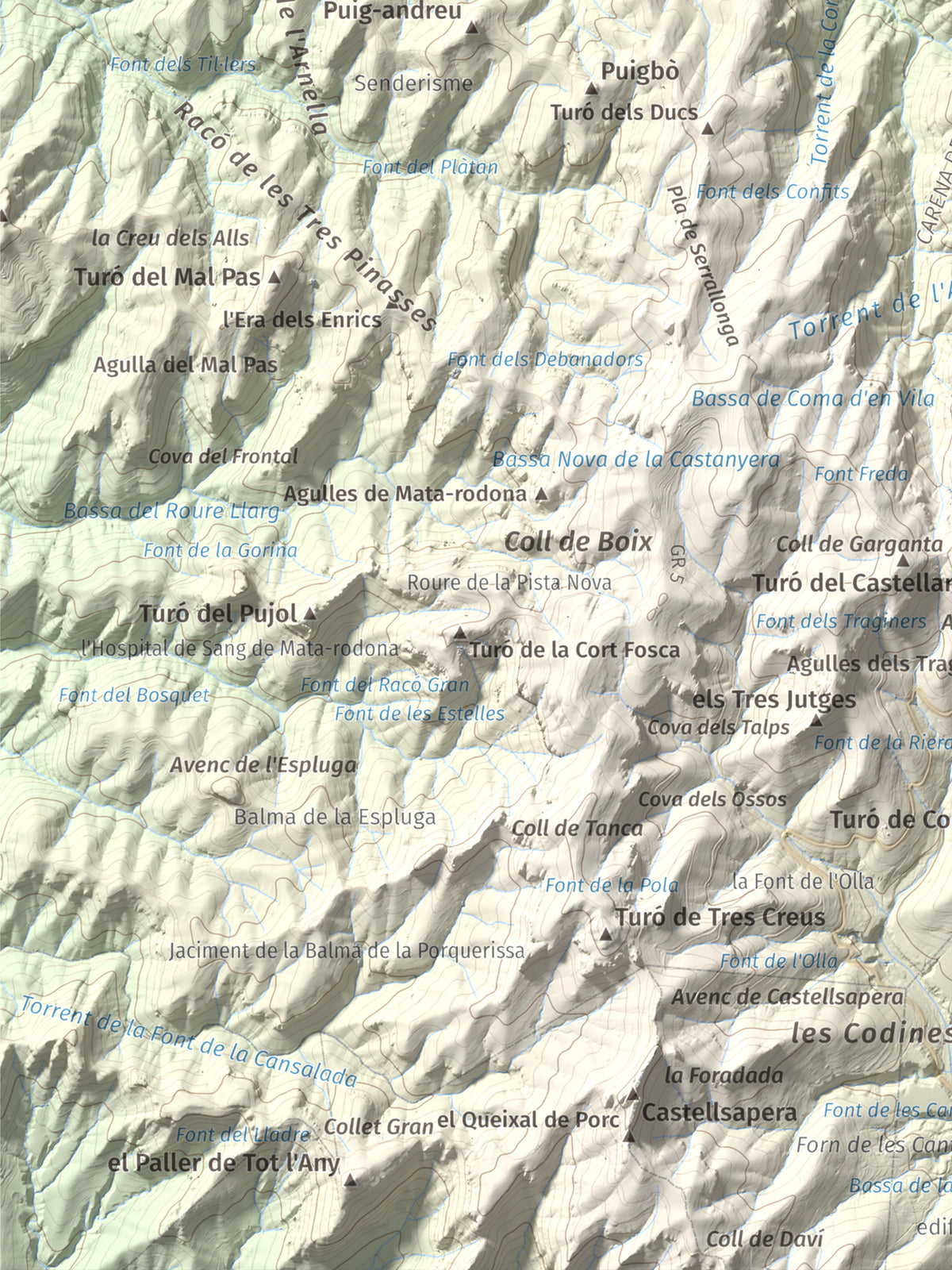 Mapa de relieve de Pujol de la Mata, 770 m, Bages, lámina 100 Cims de Trobart. Detalle de la zona inferior izquierda. 30 × 40 cm.