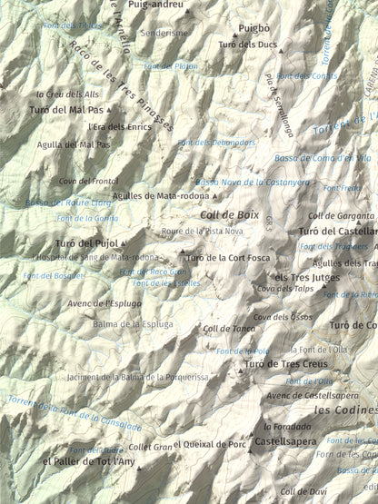 Mapa de relieve de Pujol de la Mata, 770 m, Bages, lámina 100 Cims de Trobart. Detalle de la zona inferior izquierda. 30 × 40 cm.