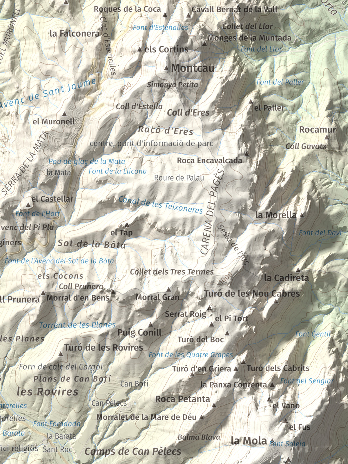 Mapa de relieve de Pujol de la Mata, 770 m, Bages, lámina 100 Cims de Trobart. Detalle de la zona inferior derecha. 30 × 40 cm.