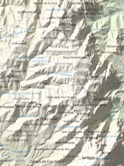 Mapa de relieve de Pujol de la Mata, 770 m, Bages, lámina 100 Cims de Trobart. Detalle de la zona inferior derecha. 30 × 40 cm.
