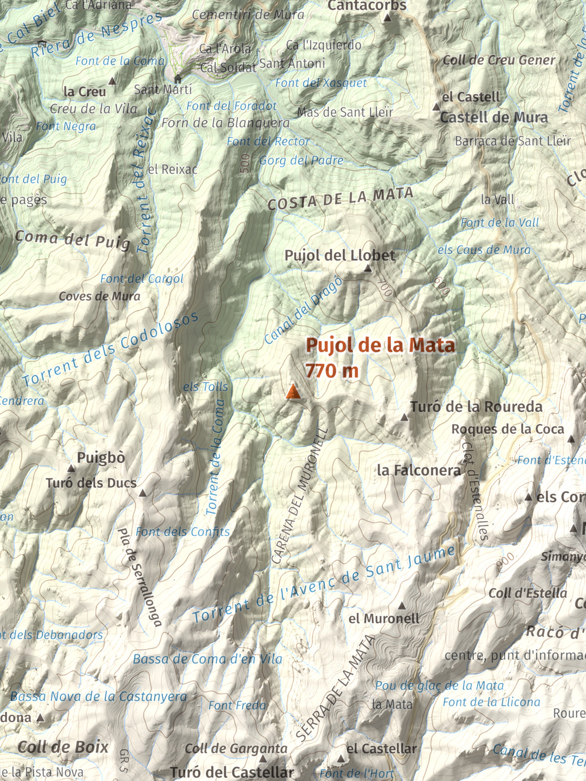 Mapa de relieve de Pujol de la Mata, 770 m, Bages, lámina 100 Cims de Trobart. Detalle de la zona central. 30 × 40 cm.