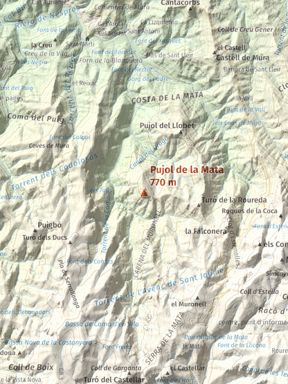 Mapa de relieve de Pujol de la Mata, 770 m, Bages, lámina 100 Cims de Trobart. Detalle de la zona central. 30 × 40 cm.