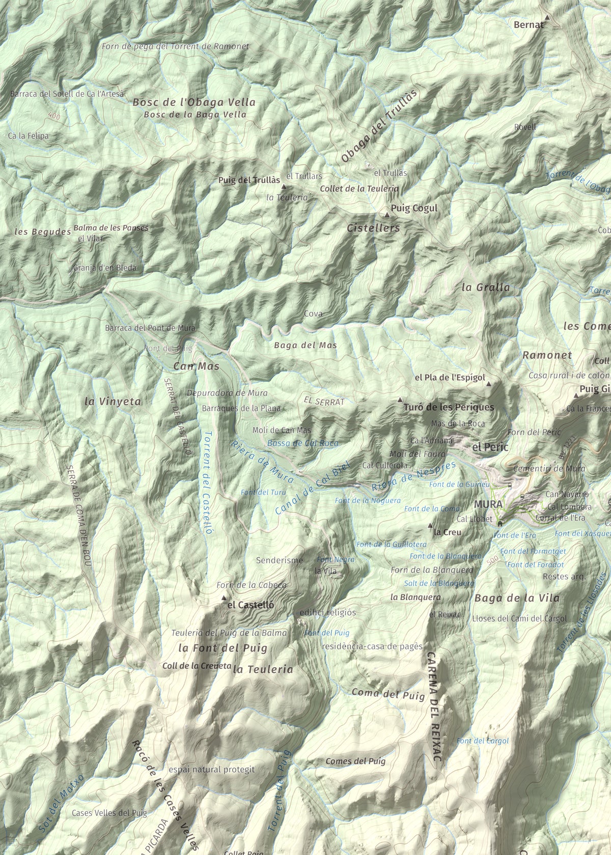 Mapa de relieve de Pujol de la Mata, 770 m, Bages, lámina 100 Cims de Trobart. Detalle de la zona superior izquierda. 50 × 70 cm.