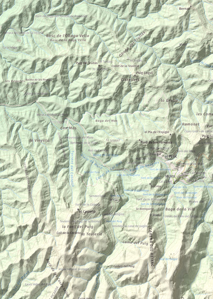 Mapa de relieve de Pujol de la Mata, 770 m, Bages, lámina 100 Cims de Trobart. Detalle de la zona superior izquierda. 50 × 70 cm.