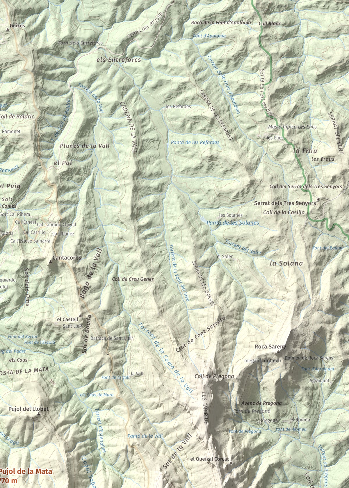 Mapa de relieve de Pujol de la Mata, 770 m, Bages, lámina 100 Cims de Trobart. Detalle de la zona superior derecha. 50 × 70 cm.