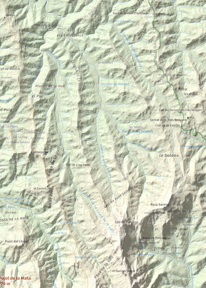 Mapa de relieve de Pujol de la Mata, 770 m, Bages, lámina 100 Cims de Trobart. Detalle de la zona superior derecha. 50 × 70 cm.
