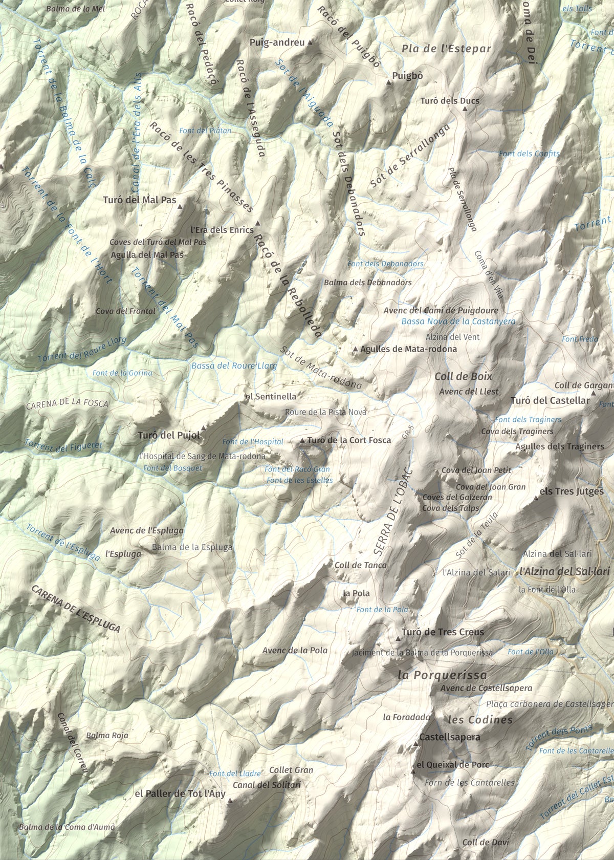 Mapa de relieve de Pujol de la Mata, 770 m, Bages, lámina 100 Cims de Trobart. Detalle de la zona inferior izquierda. 50 × 70 cm.