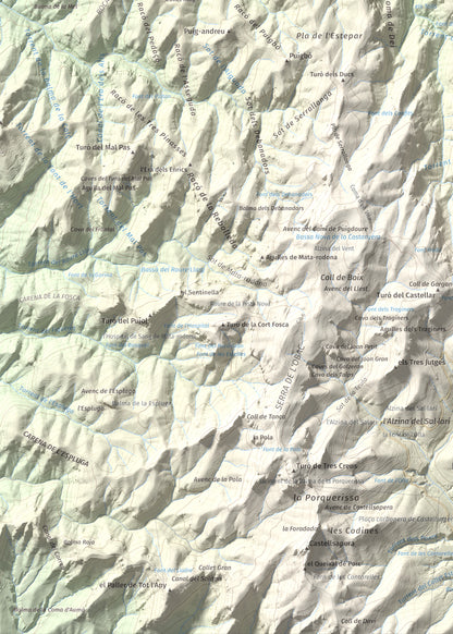 Mapa de relieve de Pujol de la Mata, 770 m, Bages, lámina 100 Cims de Trobart. Detalle de la zona inferior izquierda. 50 × 70 cm.