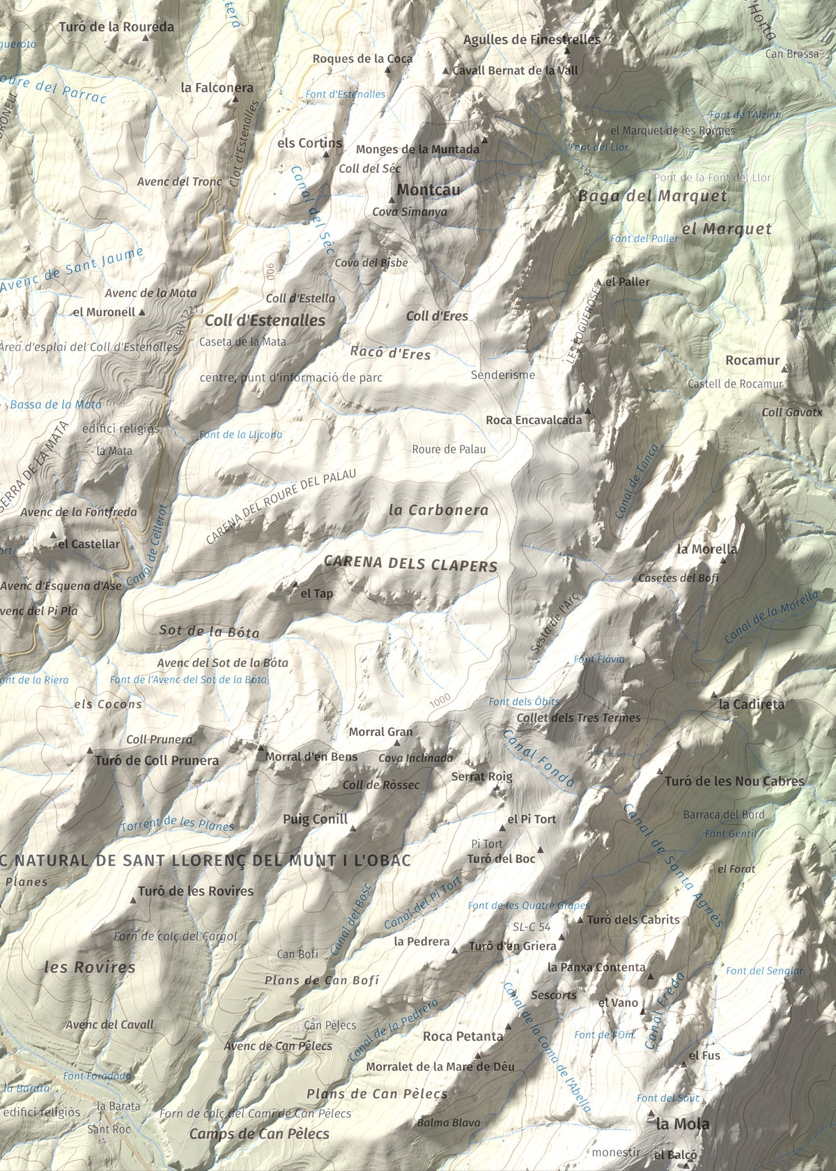 Mapa de relieve de Pujol de la Mata, 770 m, Bages, lámina 100 Cims de Trobart. Detalle de la zona inferior derecha. 50 × 70 cm.