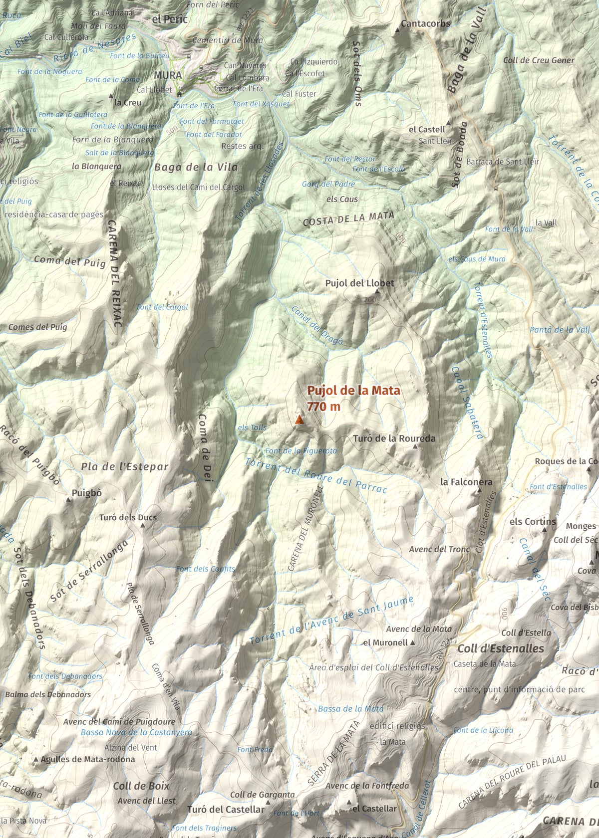 Mapa de relieve de Pujol de la Mata, 770 m, Bages, lámina 100 Cims de Trobart. Detalle de la zona central. 50 × 70 cm.