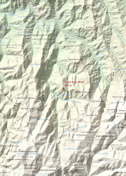 Mapa de relieve de Pujol de la Mata, 770 m, Bages, lámina 100 Cims de Trobart. Detalle de la zona central. 50 × 70 cm.