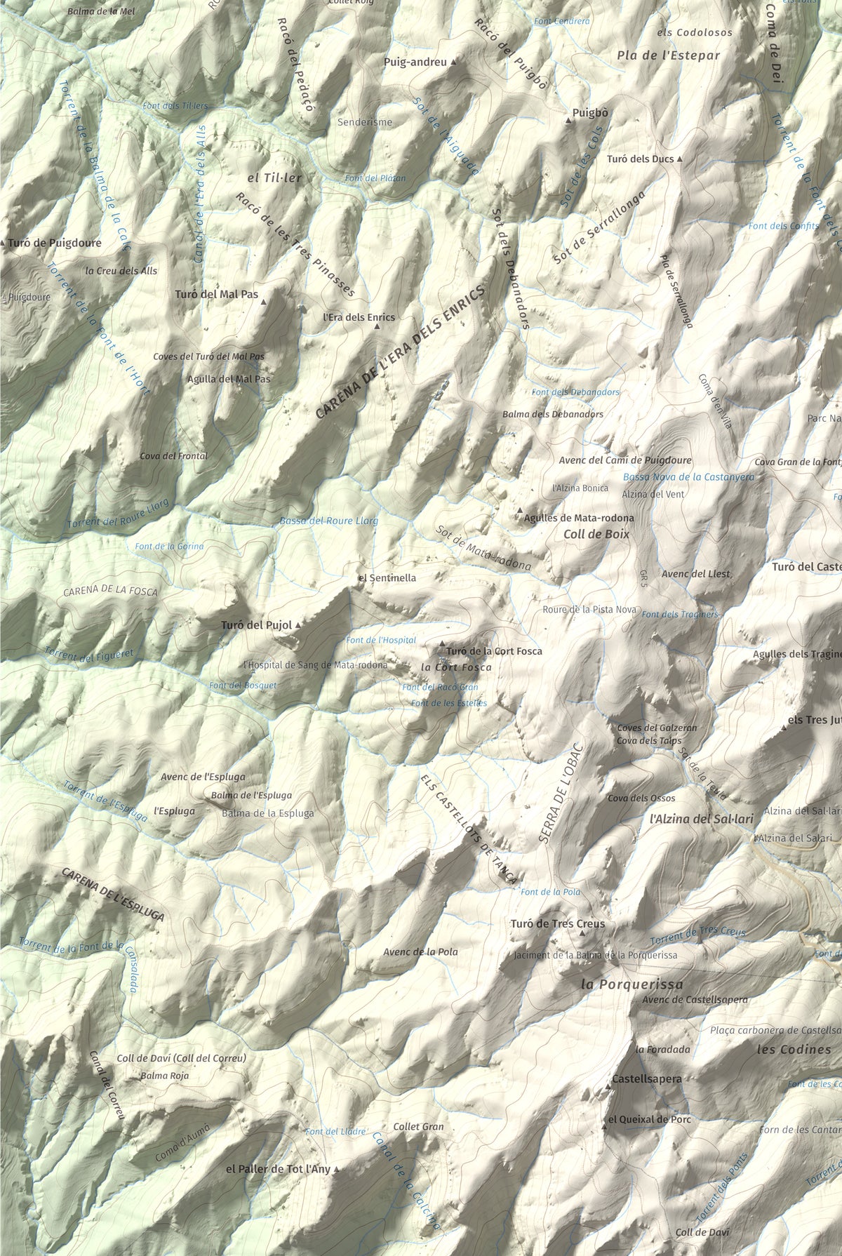 Mapa de relieve de Pujol de la Mata, 770 m, Bages, lámina 100 Cims de Trobart. Detalle de la zona inferior izquierda. 61 × 91 cm.