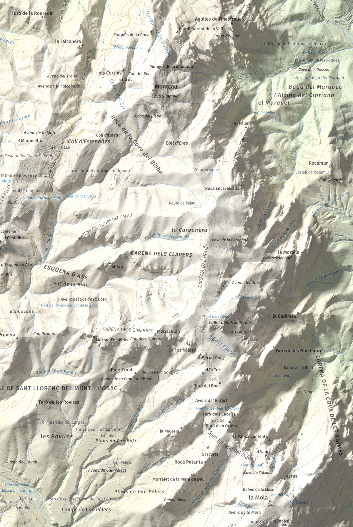 Mapa de relieve de Pujol de la Mata, 770 m, Bages, lámina 100 Cims de Trobart. Detalle de la zona inferior derecha. 61 × 91 cm.