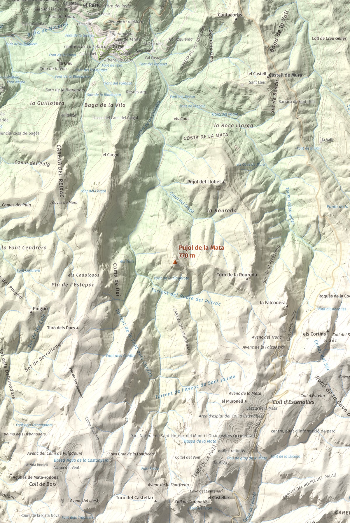 Mapa de relieve de Pujol de la Mata, 770 m, Bages, lámina 100 Cims de Trobart. Detalle de la zona central. 61 × 91 cm.