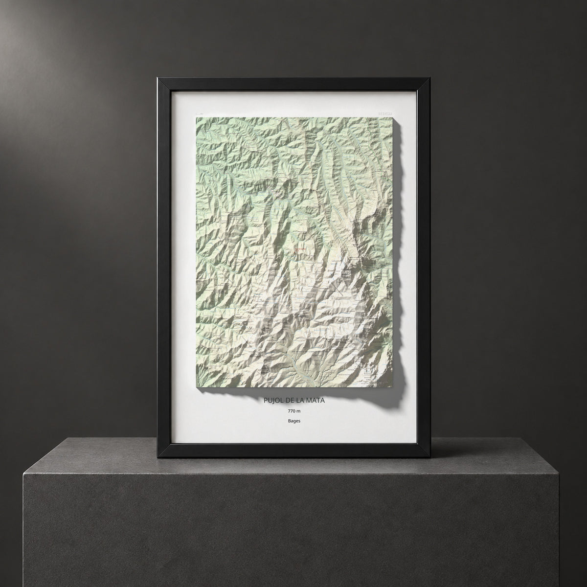 Mapa de relieve de Pujol de la Mata, 770 m, Bages, lámina 100 Cims de Trobart. Presentación enmarcada. 70 × 100 cm.