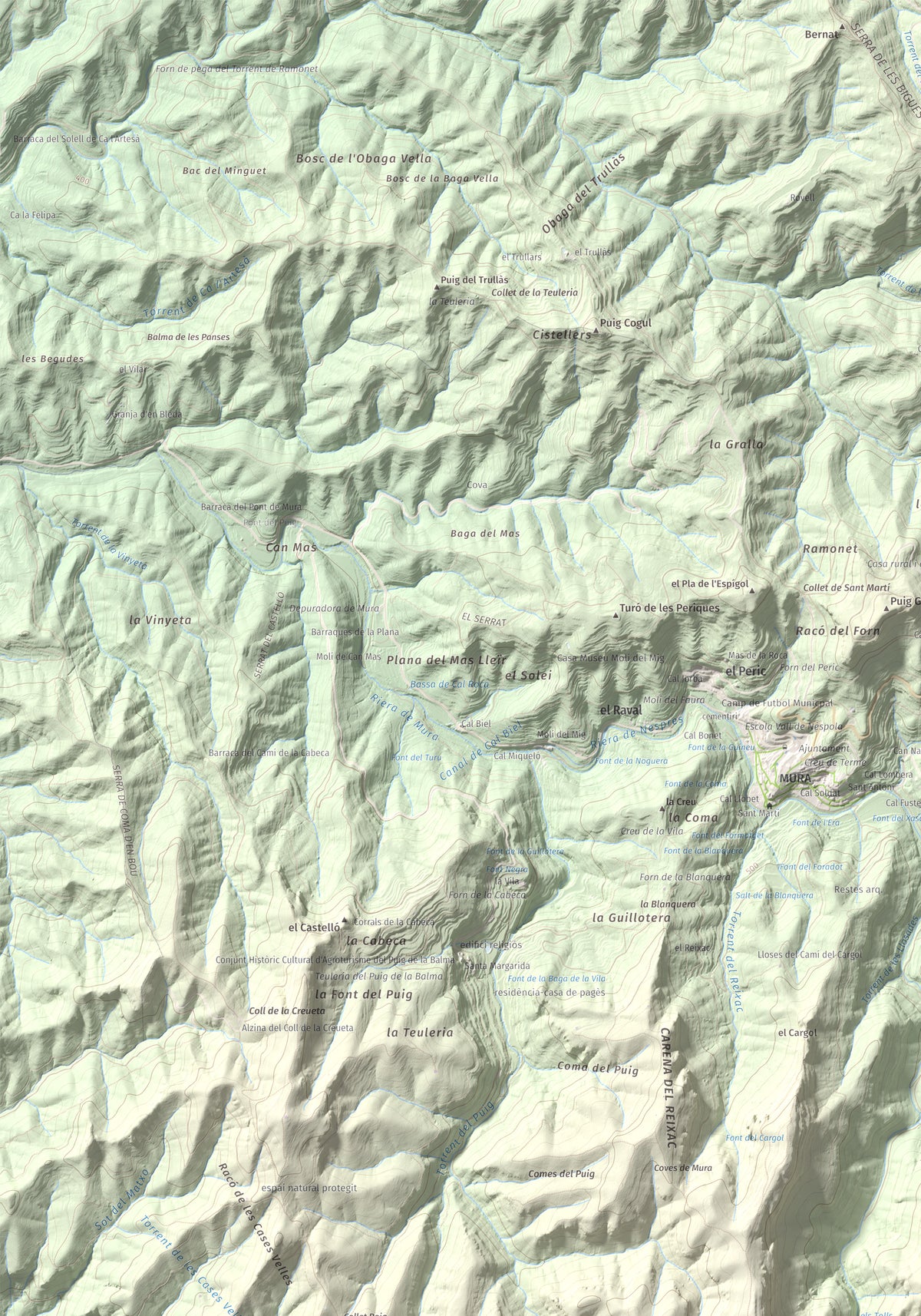 Mapa de relieve de Pujol de la Mata, 770 m, Bages, lámina 100 Cims de Trobart. Detalle de la zona superior izquierda. 70 × 100 cm.