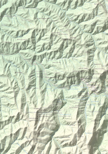 Mapa de relieve de Pujol de la Mata, 770 m, Bages, lámina 100 Cims de Trobart. Detalle de la zona superior izquierda. 70 × 100 cm.
