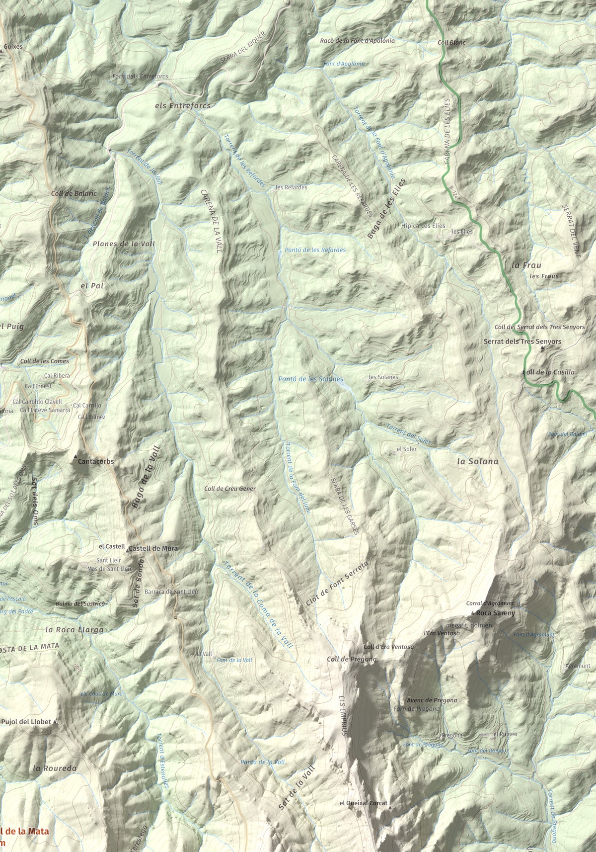 Mapa de relieve de Pujol de la Mata, 770 m, Bages, lámina 100 Cims de Trobart. Detalle de la zona superior derecha. 70 × 100 cm.
