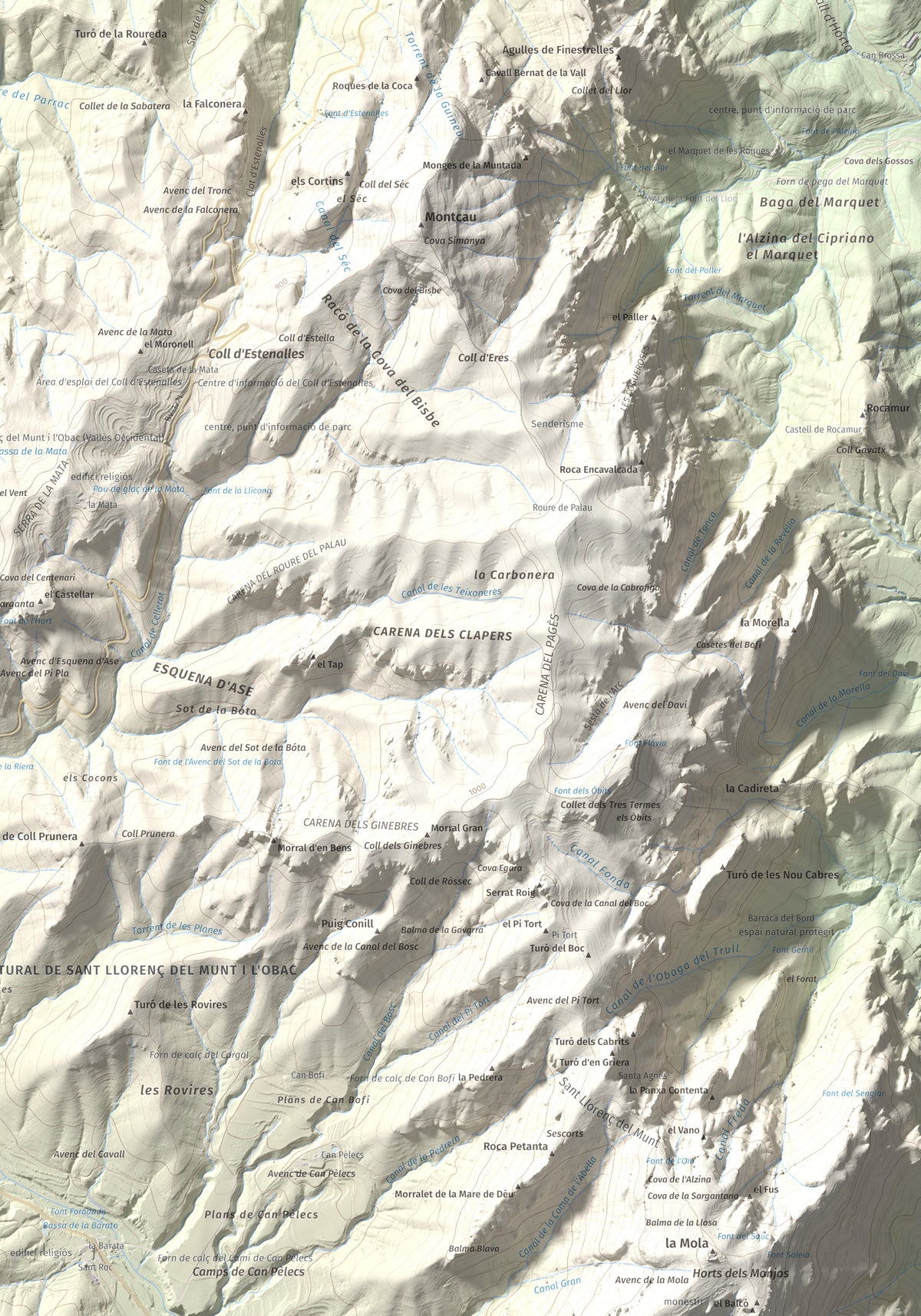 Mapa de relieve de Pujol de la Mata, 770 m, Bages, lámina 100 Cims de Trobart. Detalle de la zona inferior derecha. 70 × 100 cm.