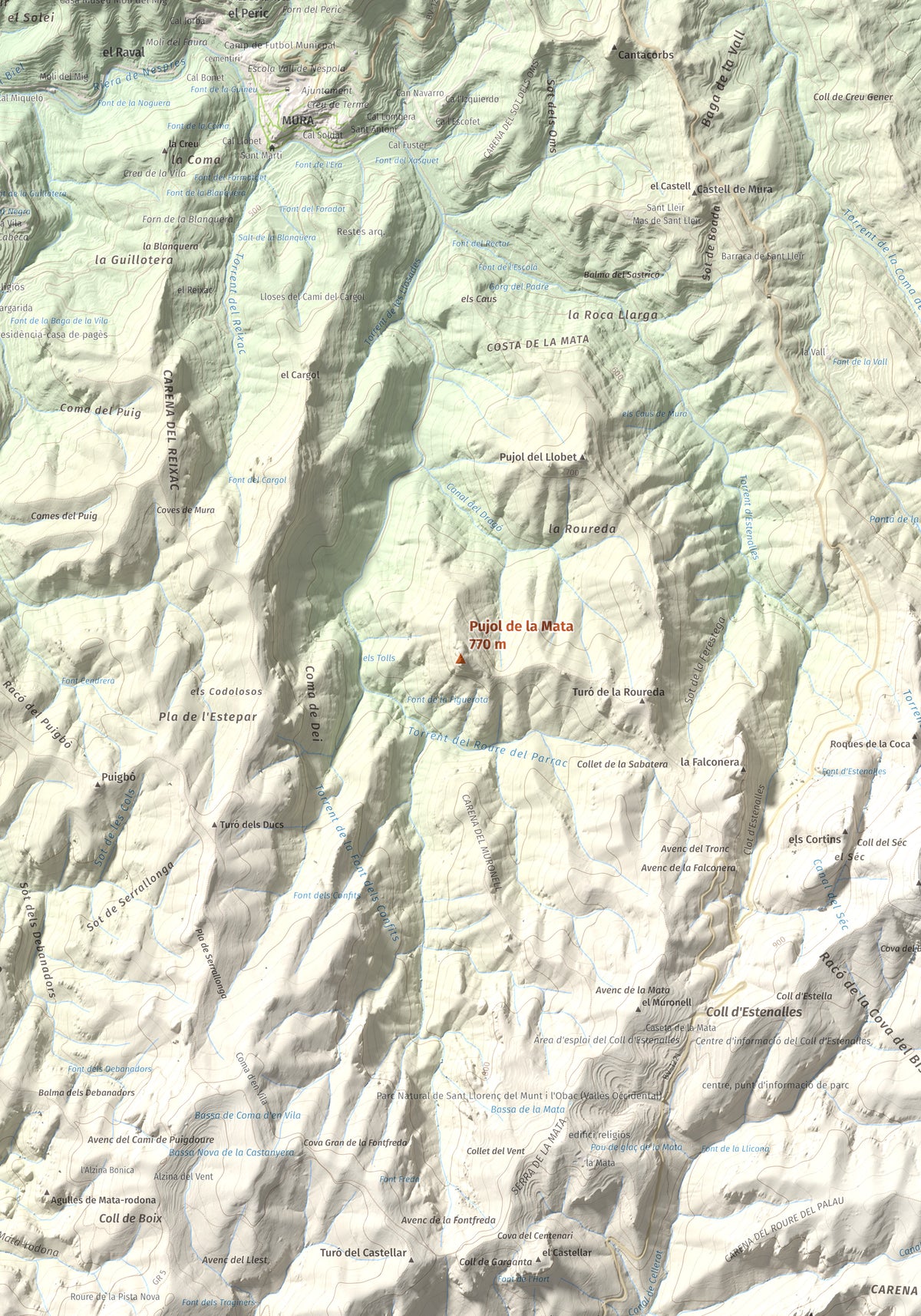 Mapa de relieve de Pujol de la Mata, 770 m, Bages, lámina 100 Cims de Trobart. Detalle de la zona central. 70 × 100 cm.