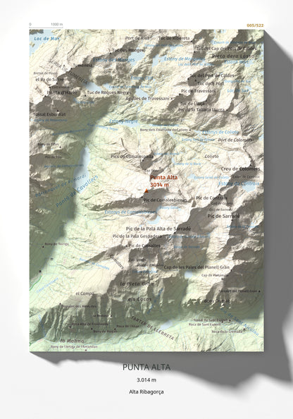 Mapa de relieve de Punta Alta, 3014 m, Alta Ribagorça, lámina 100 Cims de Trobart 21 × 30 cm.