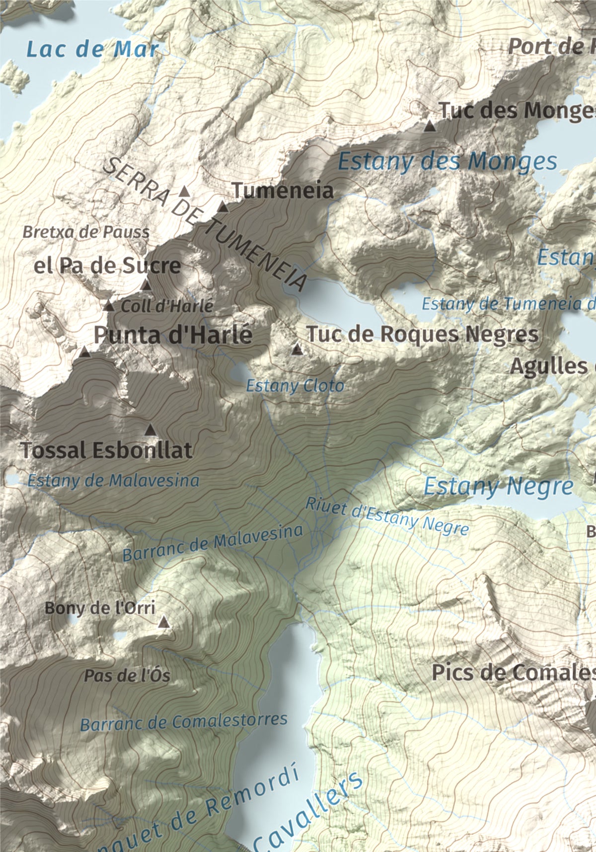 Mapa de relieve de Punta Alta, 3014 m, Alta Ribagorça, lámina 100 Cims de Trobart. Detalle de la zona superior izquierda. 21 × 30 cm.