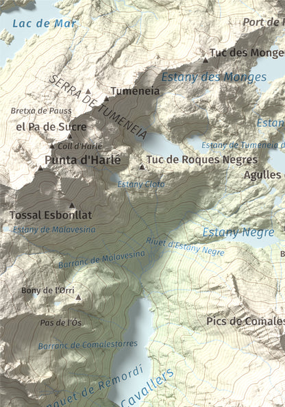 Mapa de relieve de Punta Alta, 3014 m, Alta Ribagorça, lámina 100 Cims de Trobart. Detalle de la zona superior izquierda. 21 × 30 cm.