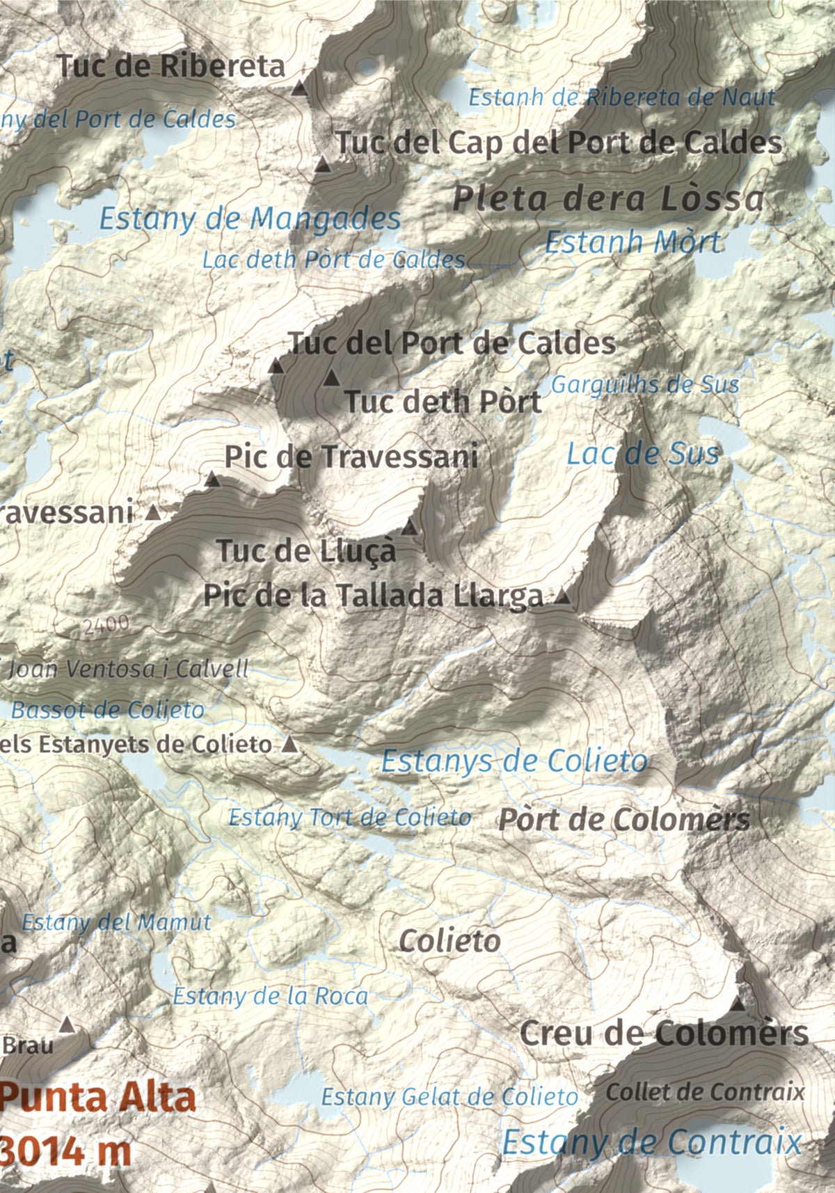 Mapa de relieve de Punta Alta, 3014 m, Alta Ribagorça, lámina 100 Cims de Trobart. Detalle de la zona superior derecha. 21 × 30 cm.
