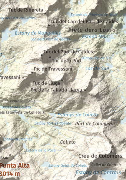 Mapa de relieve de Punta Alta, 3014 m, Alta Ribagorça, lámina 100 Cims de Trobart. Detalle de la zona superior derecha. 21 × 30 cm.