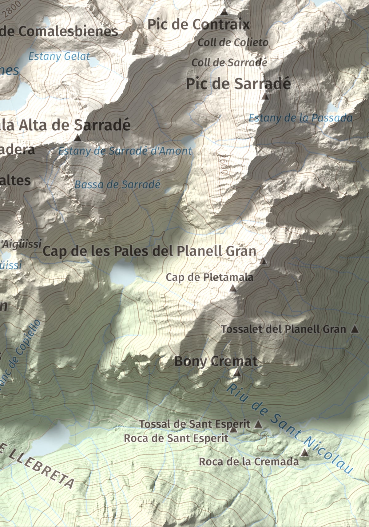 Mapa de relieve de Punta Alta, 3014 m, Alta Ribagorça, lámina 100 Cims de Trobart. Detalle de la zona inferior derecha. 21 × 30 cm.