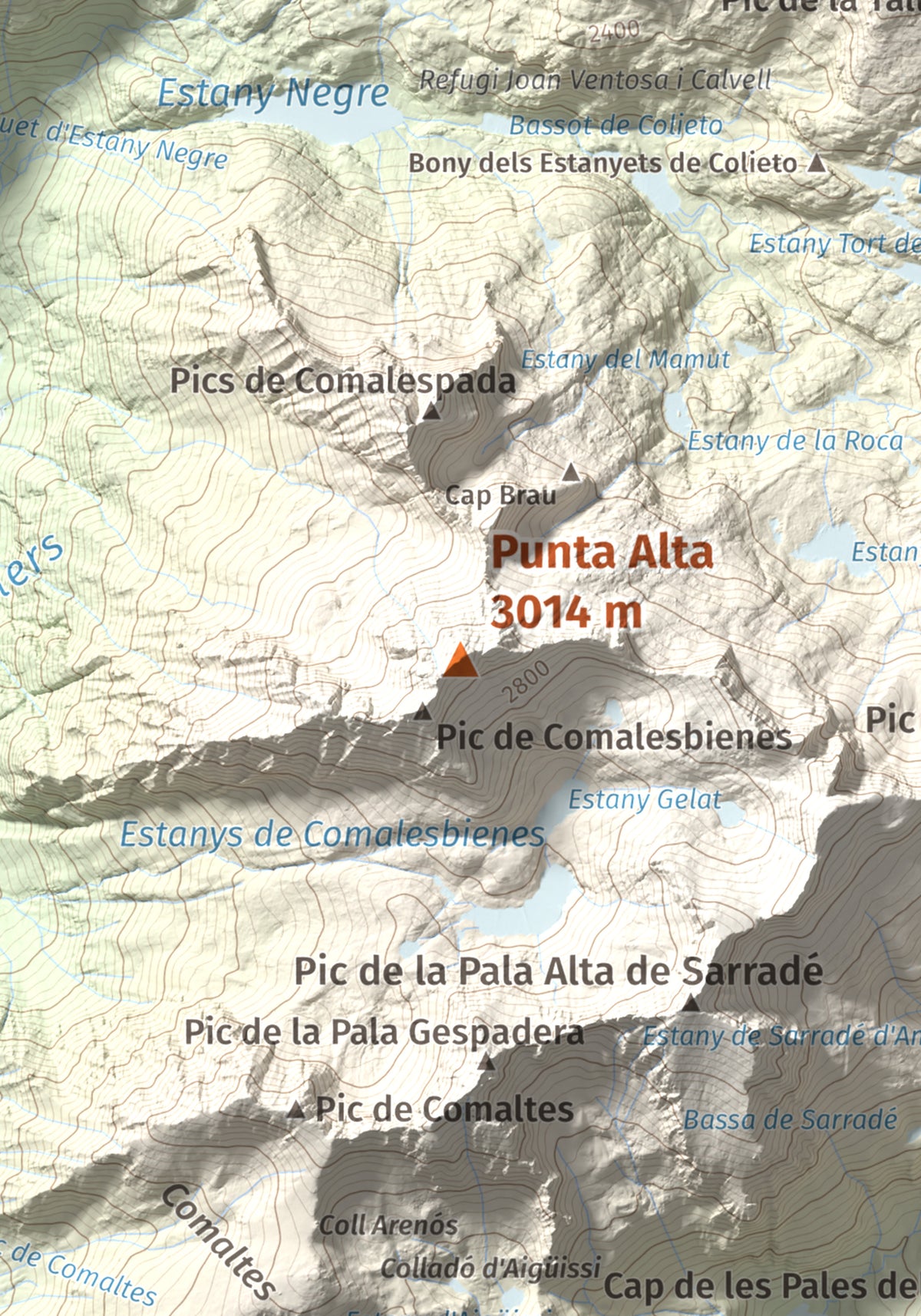 Mapa de relieve de Punta Alta, 3014 m, Alta Ribagorça, lámina 100 Cims de Trobart. Detalle de la zona central. 21 × 30 cm.