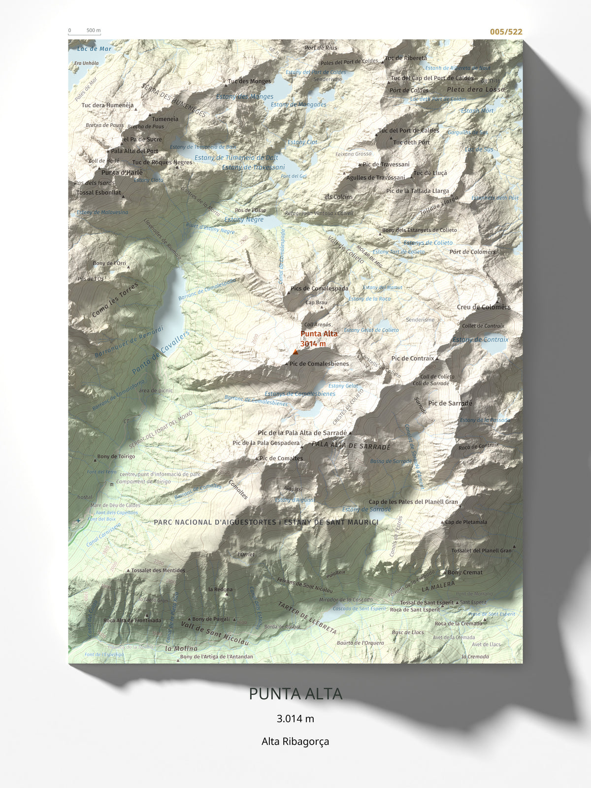 Mapa de relieve de Punta Alta, 3014 m, Alta Ribagorça, lámina 100 Cims de Trobart 30 × 40 cm.