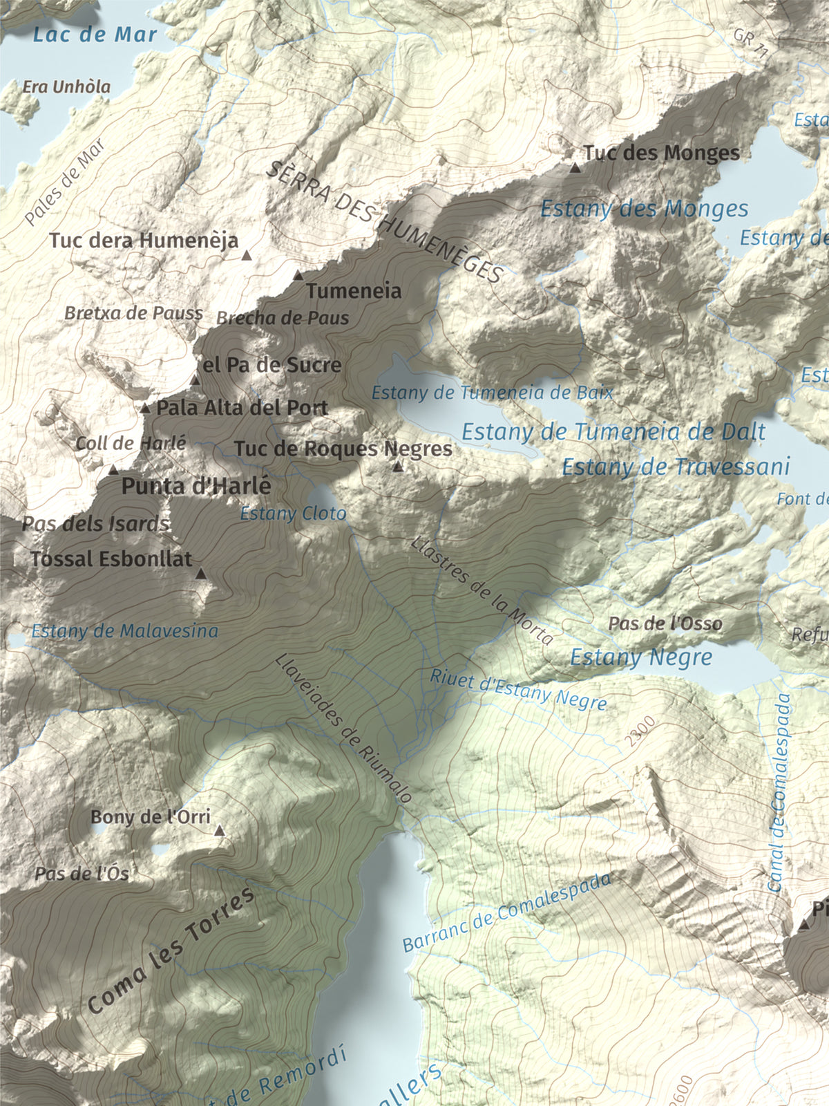 Mapa de relieve de Punta Alta, 3014 m, Alta Ribagorça, lámina 100 Cims de Trobart. Detalle de la zona superior izquierda. 30 × 40 cm.