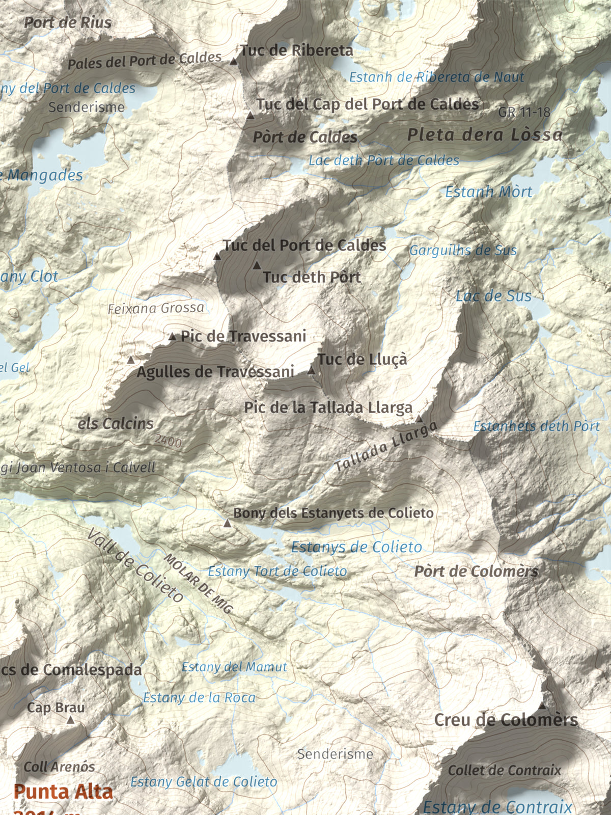Mapa de relieve de Punta Alta, 3014 m, Alta Ribagorça, lámina 100 Cims de Trobart. Detalle de la zona superior derecha. 30 × 40 cm.
