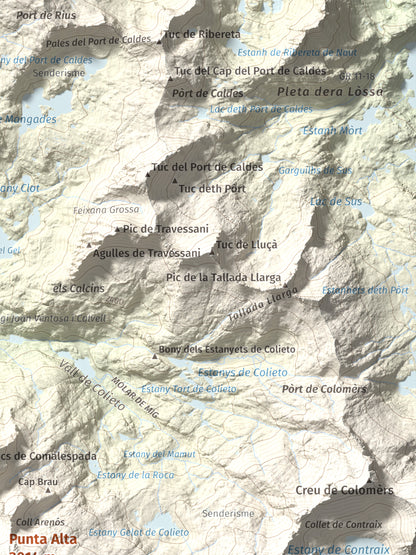 Mapa de relieve de Punta Alta, 3014 m, Alta Ribagorça, lámina 100 Cims de Trobart. Detalle de la zona superior derecha. 30 × 40 cm.