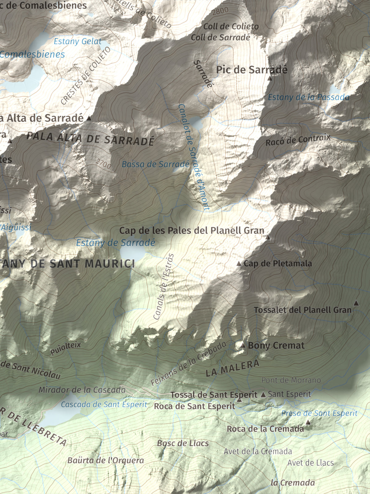Mapa de relieve de Punta Alta, 3014 m, Alta Ribagorça, lámina 100 Cims de Trobart. Detalle de la zona inferior derecha. 30 × 40 cm.