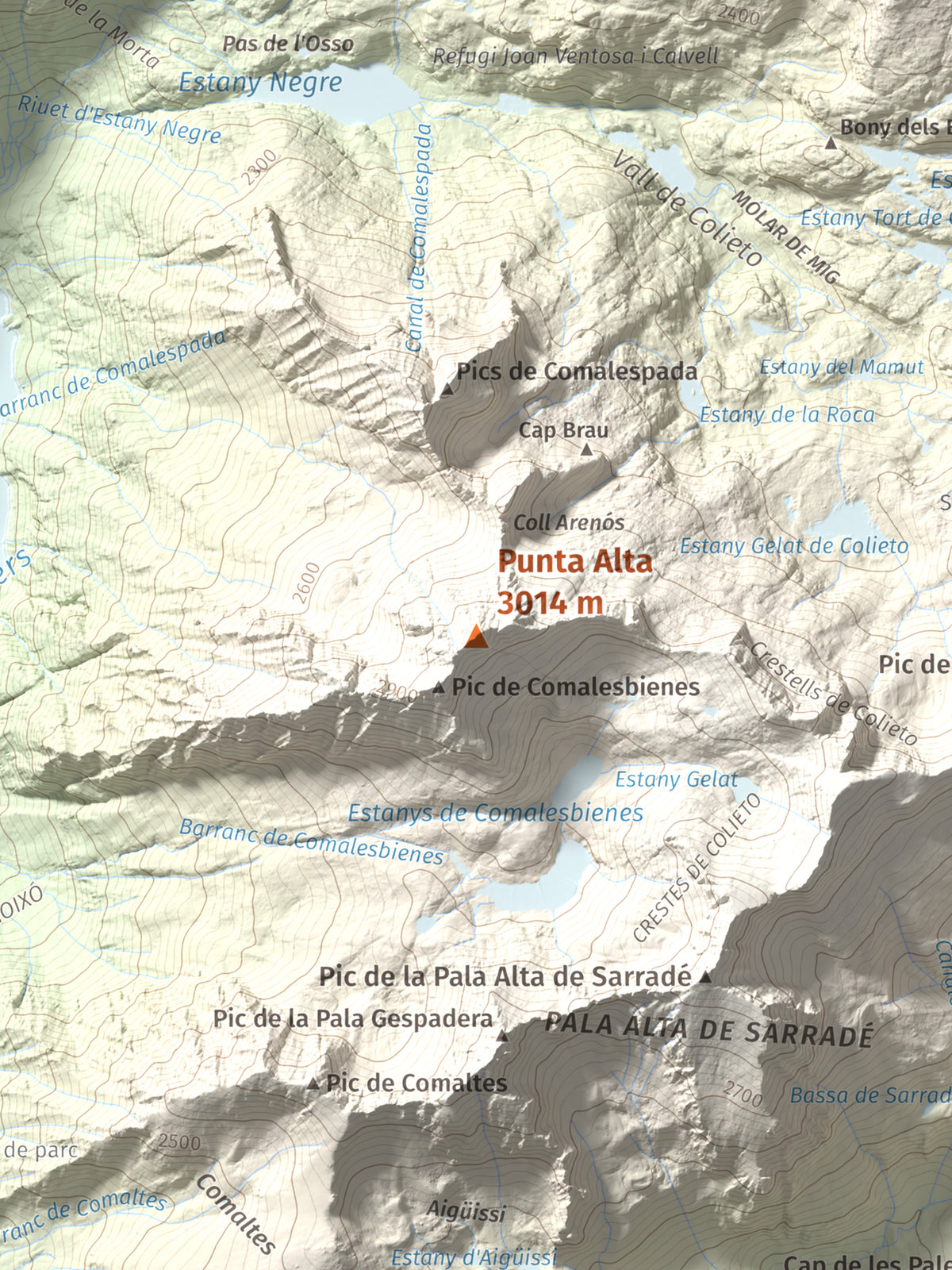Mapa de relieve de Punta Alta, 3014 m, Alta Ribagorça, lámina 100 Cims de Trobart. Detalle de la zona central. 30 × 40 cm.