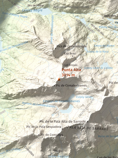 Mapa de relieve de Punta Alta, 3014 m, Alta Ribagorça, lámina 100 Cims de Trobart. Detalle de la zona central. 30 × 40 cm.