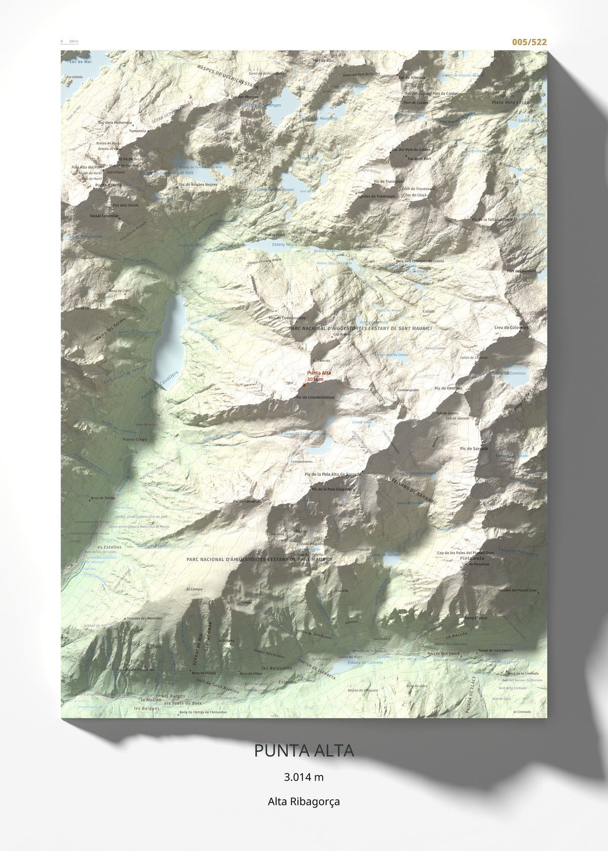 Mapa de relieve de Punta Alta, 3014 m, Alta Ribagorça, lámina 100 Cims de Trobart 50 × 70 cm.
