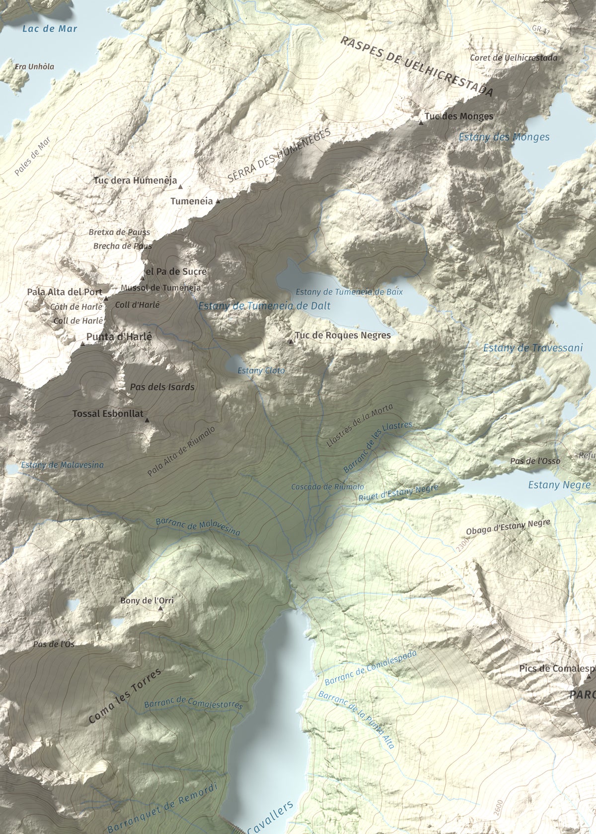 Mapa de relieve de Punta Alta, 3014 m, Alta Ribagorça, lámina 100 Cims de Trobart. Detalle de la zona superior izquierda. 50 × 70 cm.